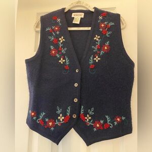 Talbots Vintage Small Navy with Embroidered Floral Wool Vest Granny Cottage